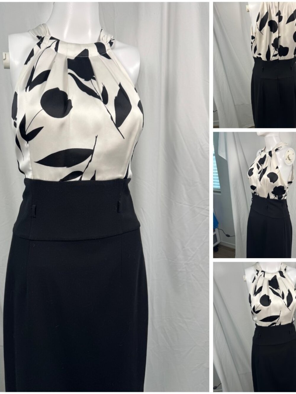 White House Black Market Vintage Halter Dress | Ivory Black Floral Pencil Sz 10